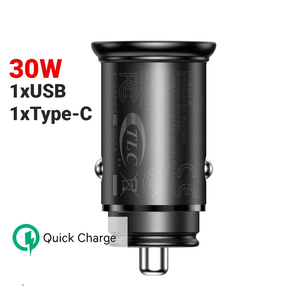 Incarcator auto pentru telefon Baseus Circular Metal PPS Quick Charger, negru, 1 x USB, 1 x Type-C, 30 W