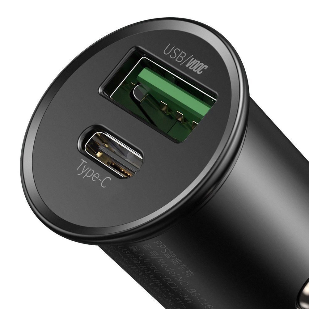 Incarcator auto pentru telefon Baseus Circular Metal PPS Quick Charger, negru, 1 x USB, 1 x Type-C, 30 W