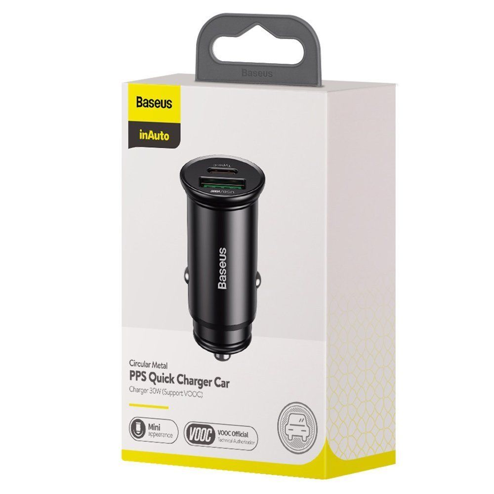 Incarcator auto pentru telefon Baseus Circular Metal PPS Quick Charger, negru, 1 x USB, 1 x Type-C, 30 W