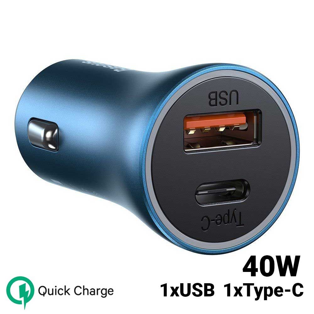 Incarcator auto pentru telefon USB si Type-C Baseus Golden Contactor Pro Dual Quick Charger Blue, 40W, 5A, cablu Type-C la Lightning inclus, 1 m