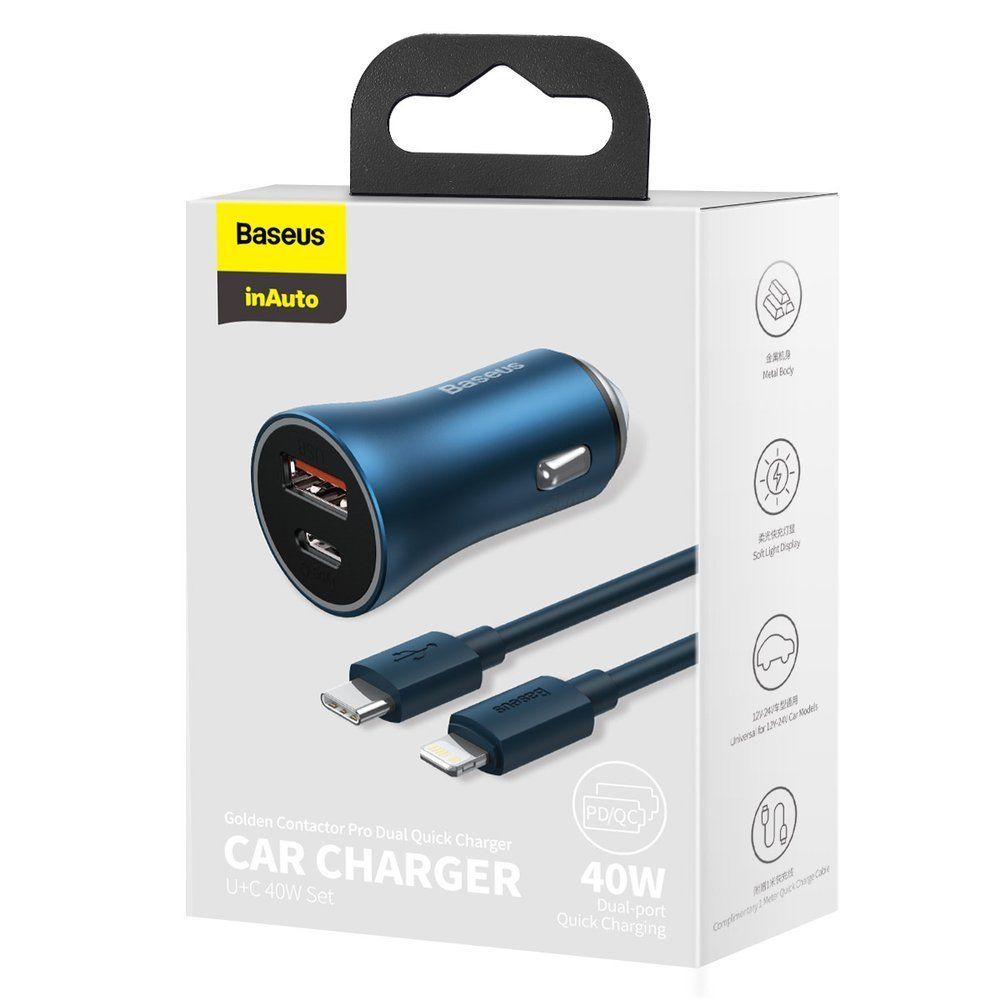 Incarcator auto pentru telefon USB si Type-C Baseus Golden Contactor Pro Dual Quick Charger Blue, 40W, 5A, cablu Type-C la Lightning inclus, 1 m