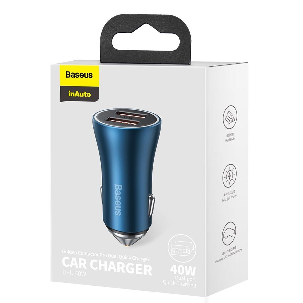 Incarcator auto pentru telefon Baseus Golden Contactor Pro Dual Quick Charger Blue, 2 x USB, 40W