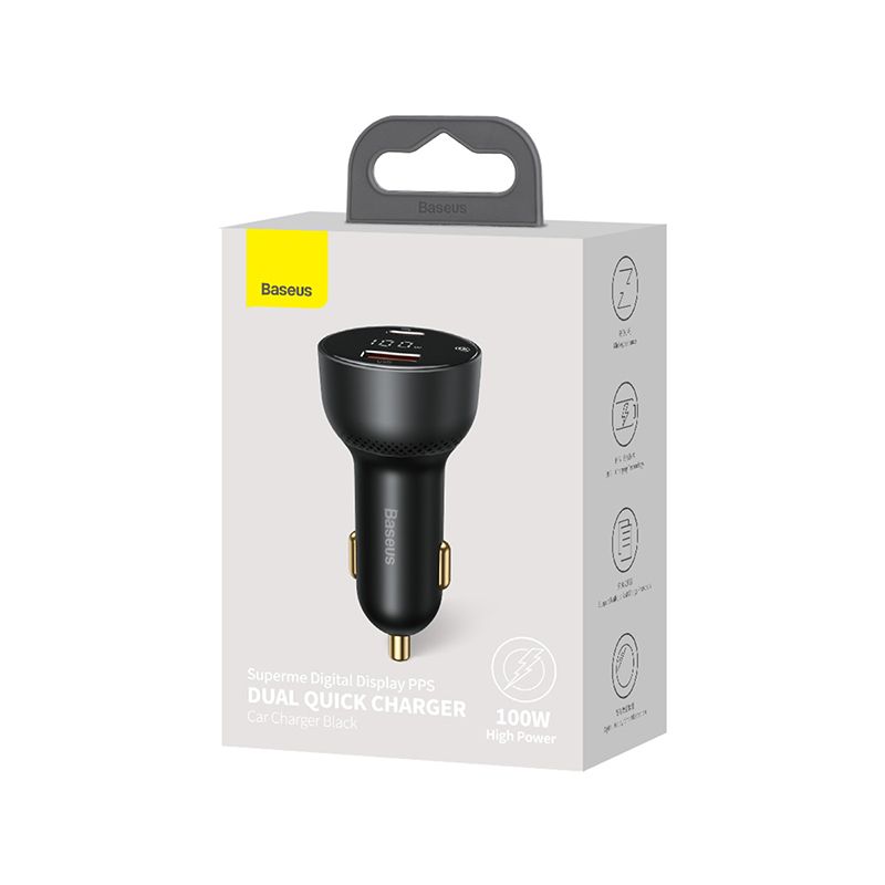 Incarcator auto pentru telefon USB si Type-C Baseus Dual Superme Digital Display PPS, negru