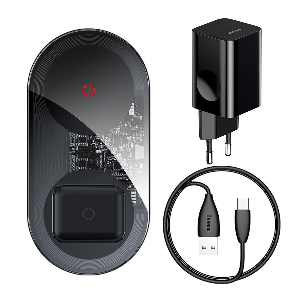 Incarcator wireless pentru telefoane Baseus Simple 2 in 1, 24W Turbo Edition, negru, pentru telefoane si AirPods