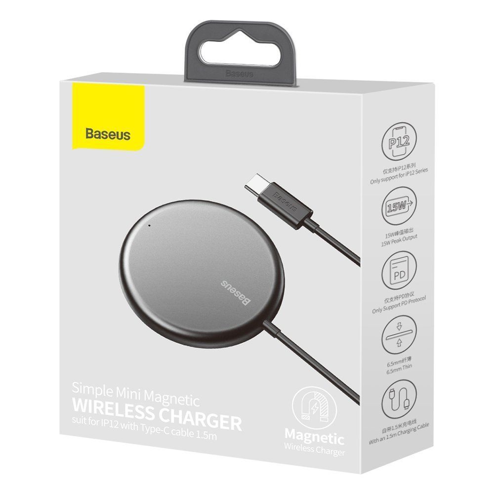 Incarcator wireless pentru telefoane Mini Baseus Simple Magnetic Wireless pentru iPhone 12 Series Black, cablu type-c 1.5 metri