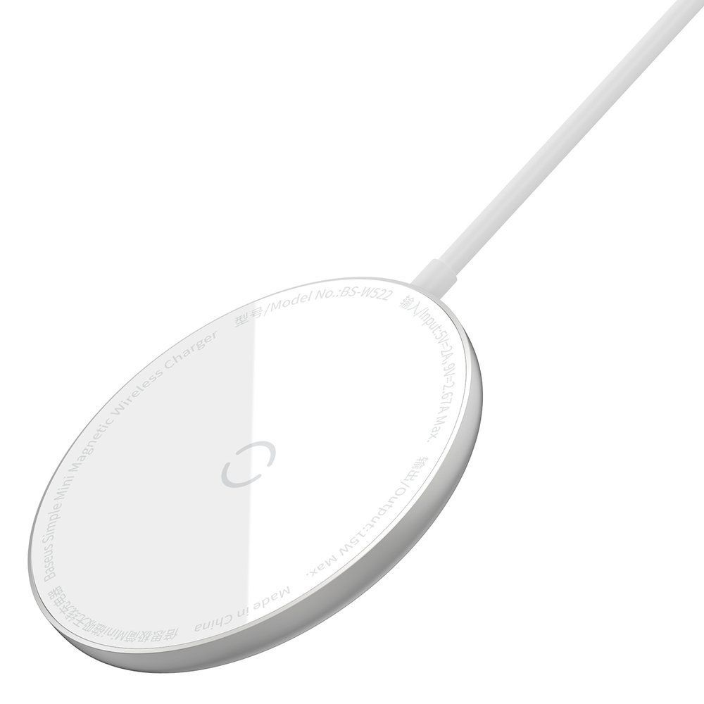 Incarcator wireless pentru telefoane Mini Baseus Simple Magnetic Wireless pentru iPhone 12 Series White, cablu type-c 1.5 metri