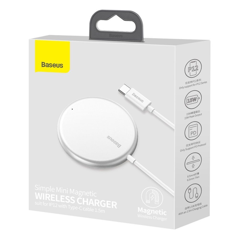 Incarcator wireless pentru telefoane Mini Baseus Simple Magnetic Wireless pentru iPhone 12 Series White, cablu type-c 1.5 metri