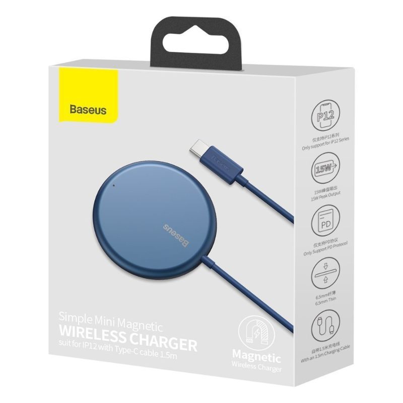 Incarcator wireless pentru telefoane Mini Baseus Simple Magnetic Wireless pentru iPhone 12 Series, cablu type-c 1.2m, Albastru