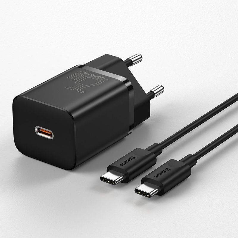 Incarcator retea pentru telefoane Baseus Super Si Quick Charger negru, cablu Type-c la Type-c 1m, 25W