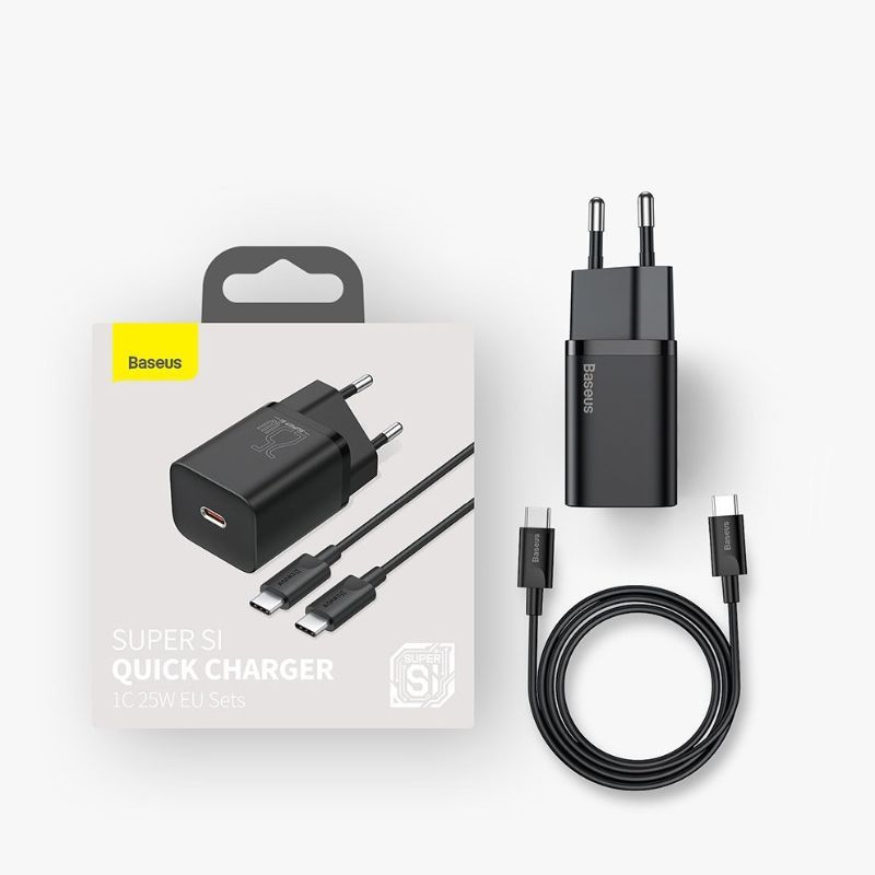 Incarcator retea pentru telefoane Baseus Super Si Quick Charger negru, cablu Type-c la Type-c 1m, 25W