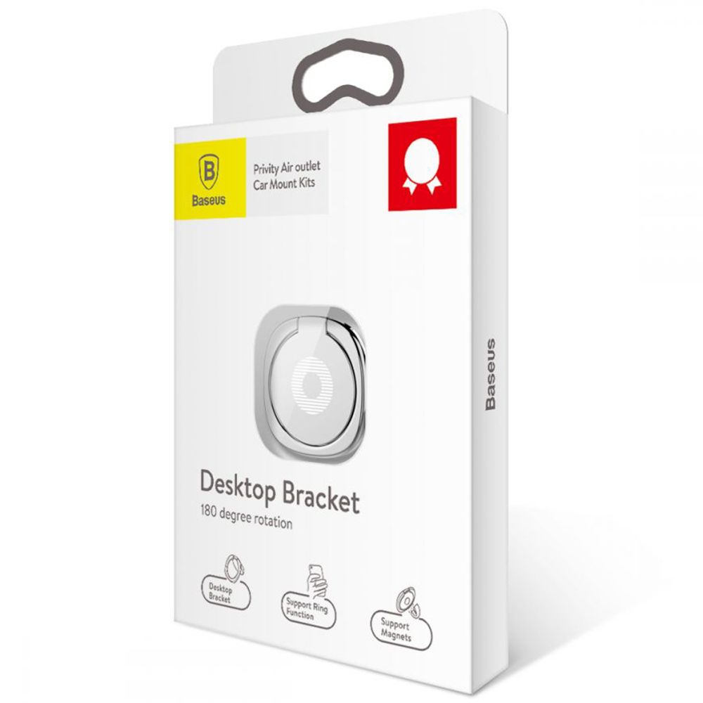 Suport telefon tip inel Baseus Ring Privity, argintiu, aplicare cu adeziv 3M, aliaj zinc