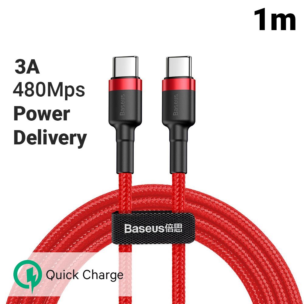 Cablu de date si incarcare Type-C la Type-C Baseus Cafule Series, rosu, 1m, 3A max, suporta PD2.0, 480Mbps, impletitura textila