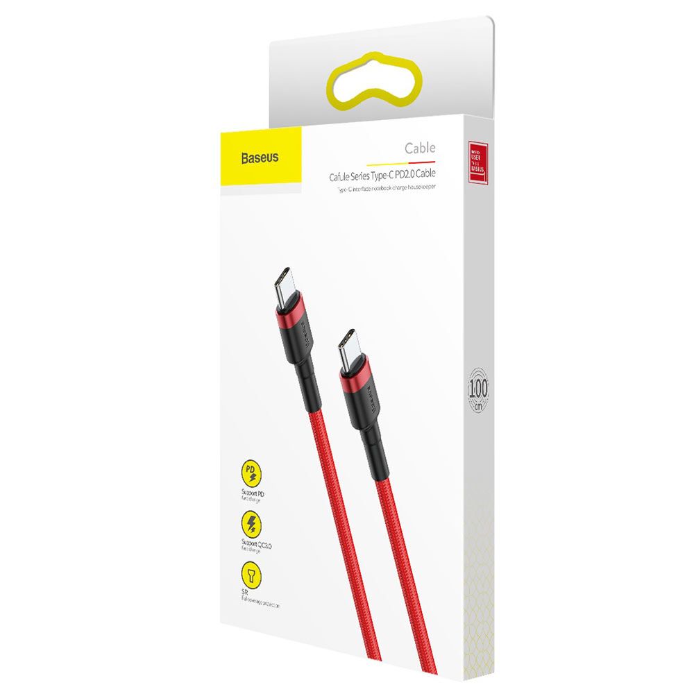 Cablu de date si incarcare Type-C la Type-C Baseus Cafule Series, rosu, 1m, 3A max, suporta PD2.0, 480Mbps, impletitura textila