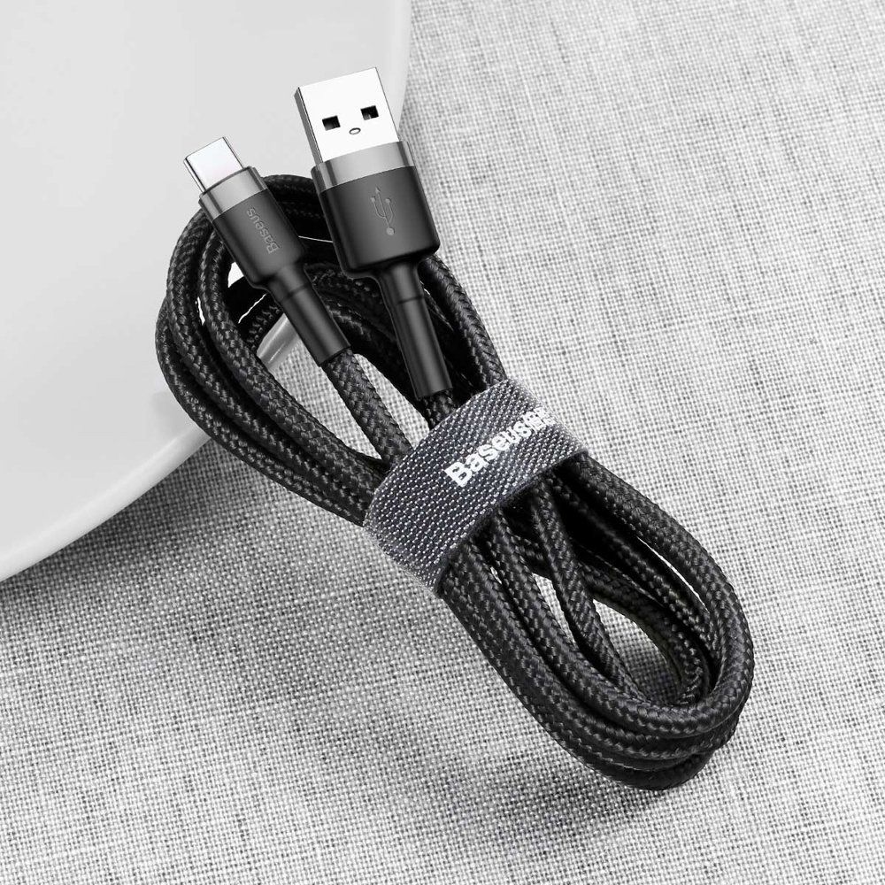 Cablu de date si incarcare Type-C Baseus Cafule Series, gri, negru, 3m, 2A, 480Mbps, impletitura textila