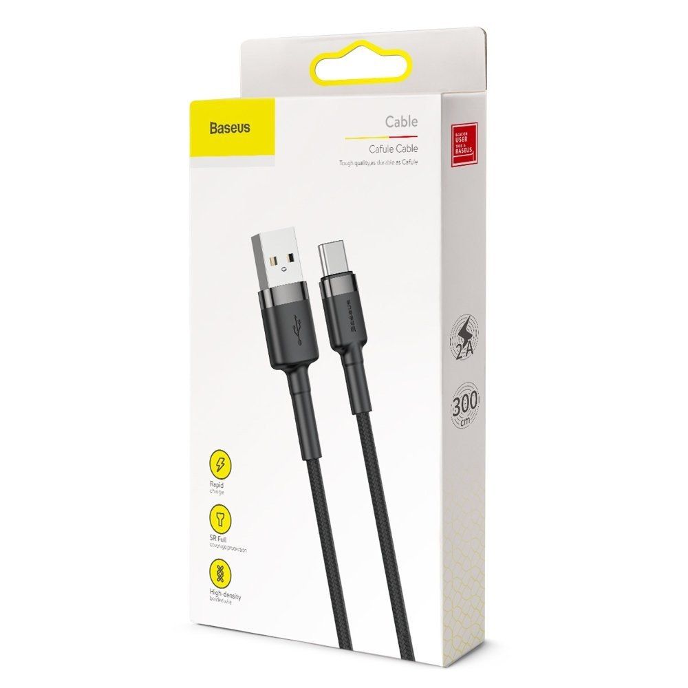Cablu de date si incarcare Type-C Baseus Cafule Series, gri, negru, 3m, 2A, 480Mbps, impletitura textila