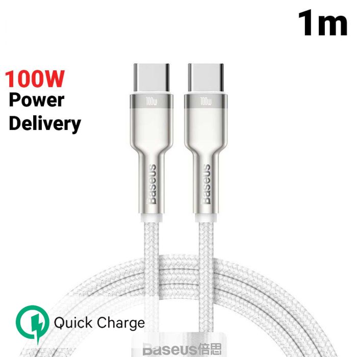 Cablu de date si incarcare Type-C la Type-C Baseus Cafule Series Metal 100W, alb, 1m, impletitura nylon