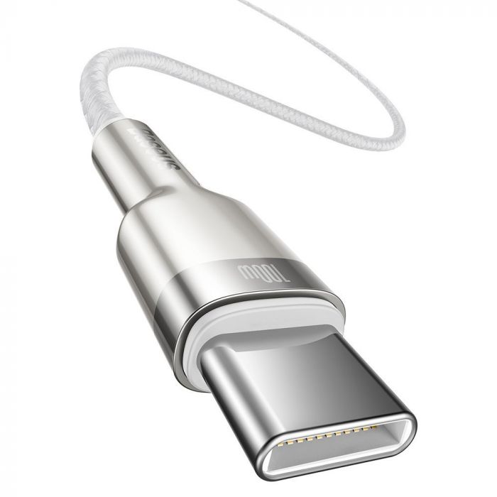 Cablu de date si incarcare Type-C la Type-C Baseus Cafule Series Metal 100W, alb, 1m, impletitura nylon