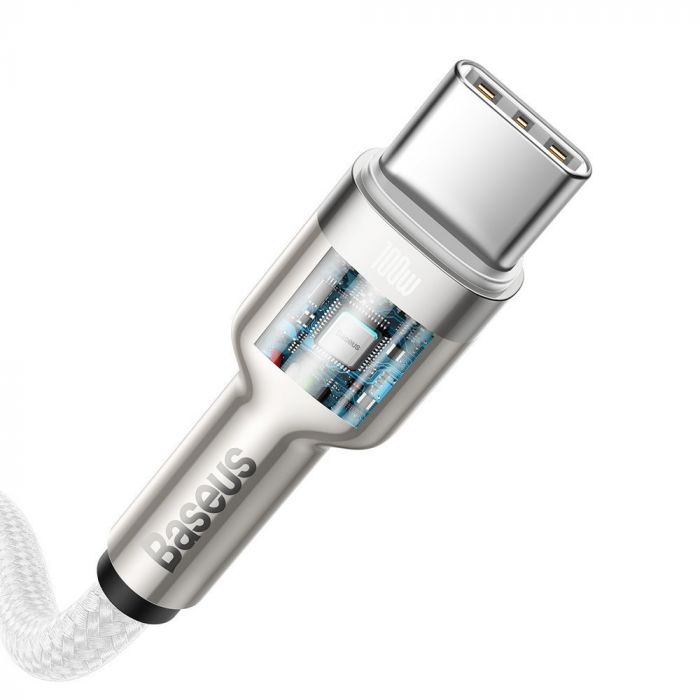 Cablu de date si incarcare Type-C la Type-C Baseus Cafule Series Metal 100W, alb, 1m, impletitura nylon