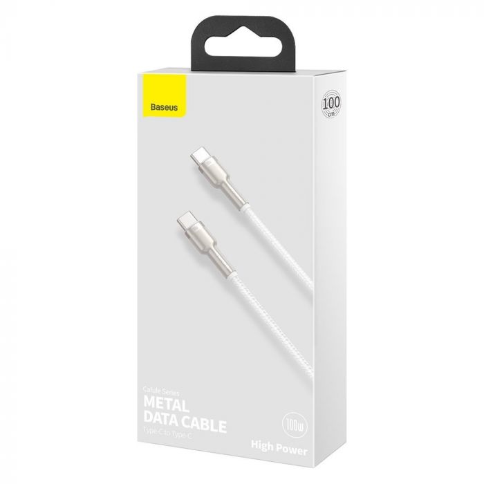 Cablu de date si incarcare Type-C la Type-C Baseus Cafule Series Metal 100W, alb, 1m, impletitura nylon