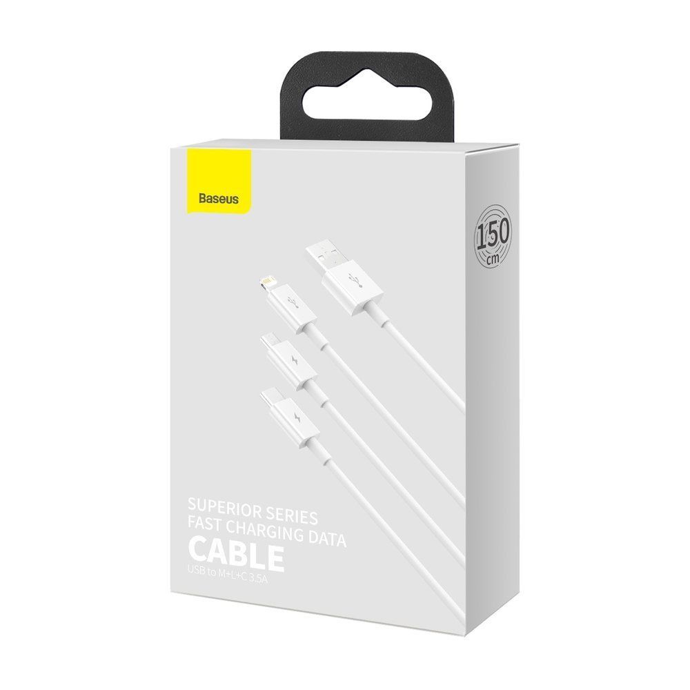 Cablu de date si incarcare Fast Charging USB la Lightning, MicroUSB si Type-c Baseus Superior Series 3.5A, alb, 1.5m