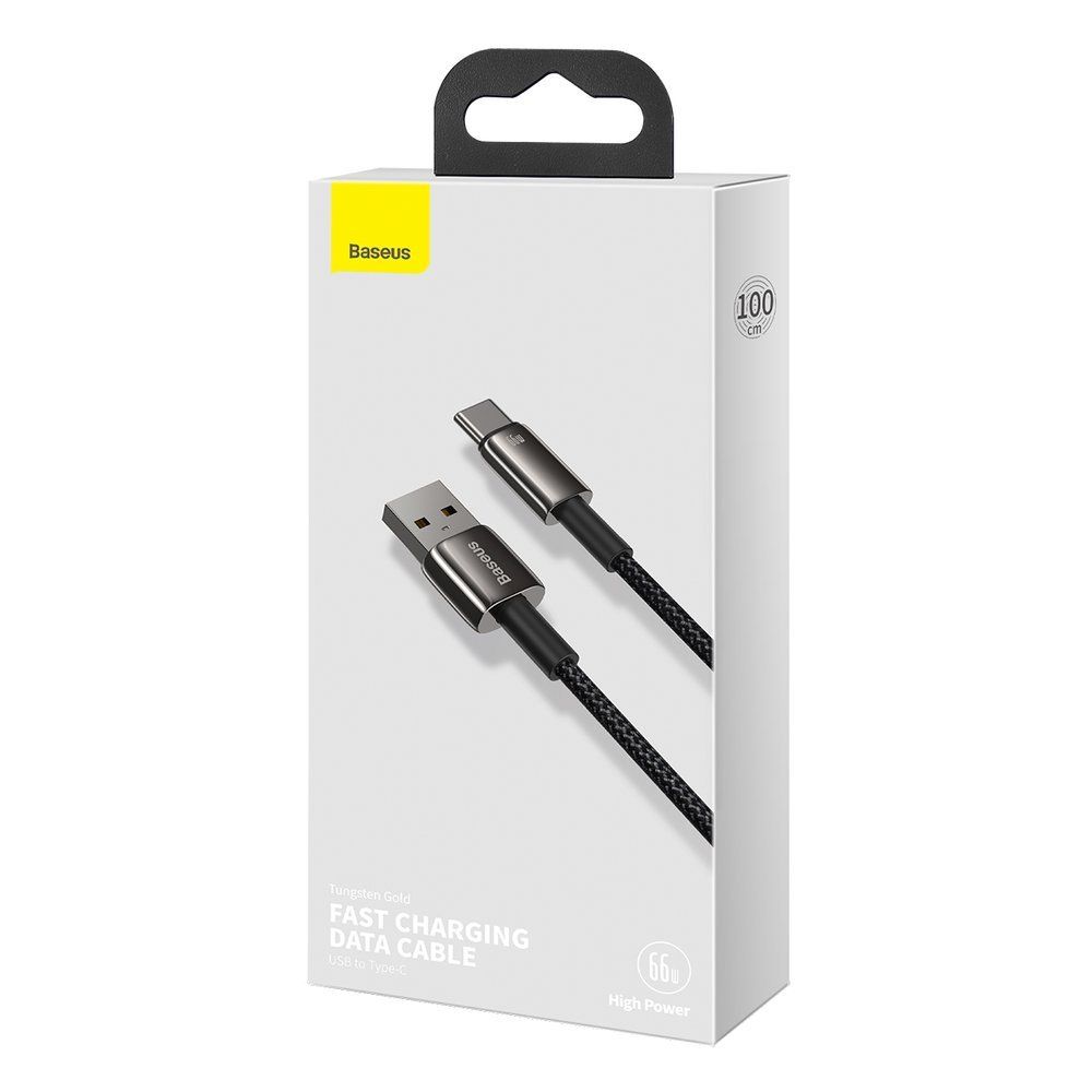 Cablu de date si incarcare USB la Type-C Baseus Tungsten Gold Fast Charging 66W Black, 1m, impletitura nylon