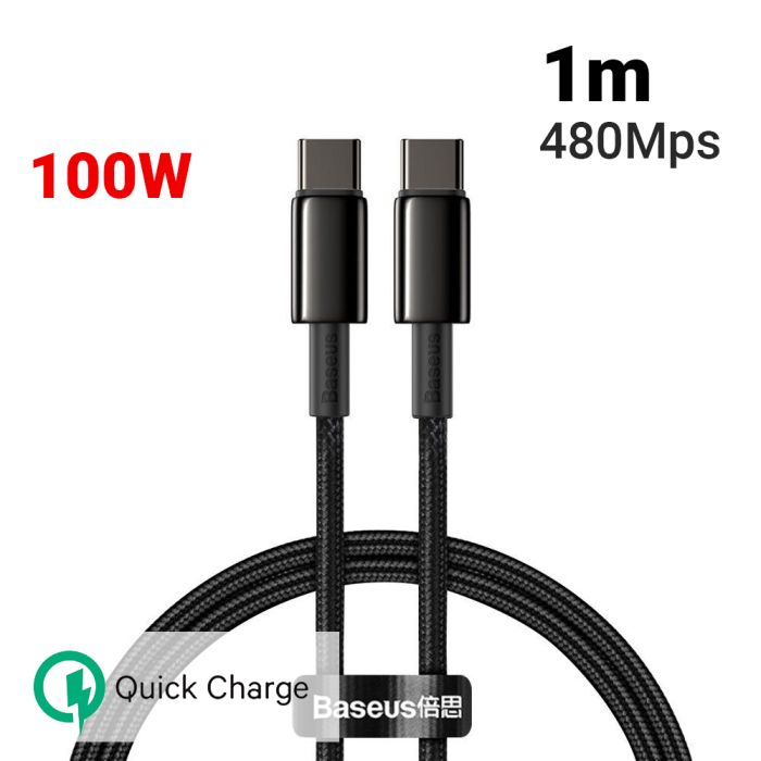 Cablu de date si incarcare Type-C la Type-C Baseus Tungsten Gold Fast Charging 100W, negru, 1m, impletitura nylon