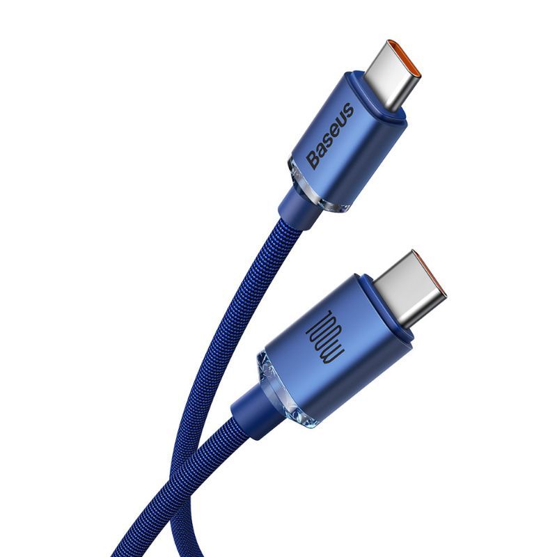 Cablu de date si incarcare Baseus Crystal Shine Type-C la Type-C, 100W, 1.2m, albastru, impletitura nylon
