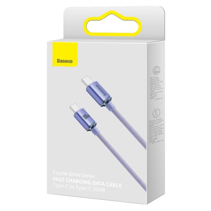 Cablu de date si incarcare Baseus Crystal Shine Type-C la Type-C, 100W, 2m, mov, impletitura nylon