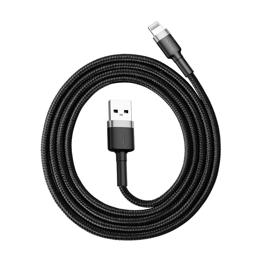 Cablu de date si incarcare USB la Lightning Baseus Cafule Series, gri, negru, 1 m, 2.4A, 480Mbps, impletitura textila