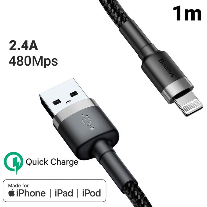 Cablu de date si incarcare USB la Lightning Baseus Cafule Series, gri, negru, 1 m, 2.4A, 480Mbps, impletitura textila