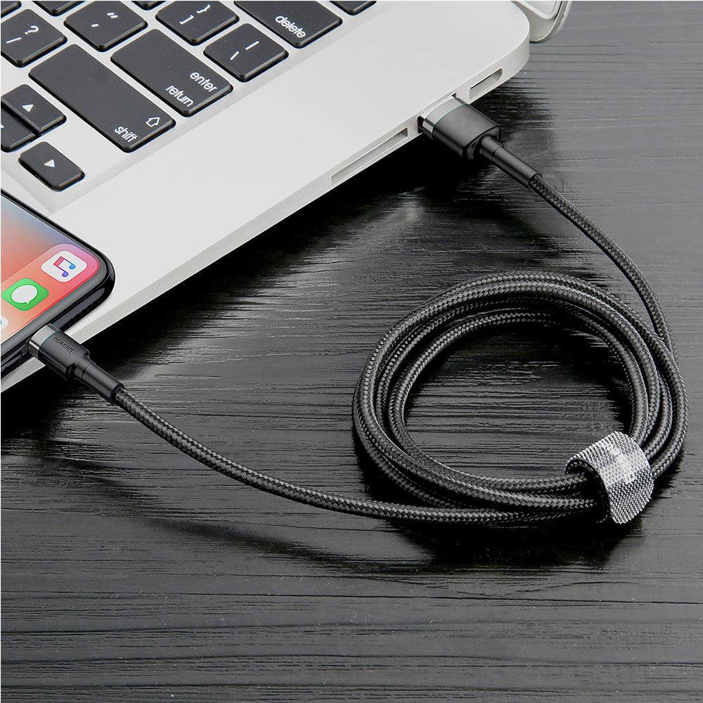 Cablu de date si incarcare USB la Lightning Baseus Cafule Series, gri, negru, 1 m, 2.4A, 480Mbps, impletitura textila