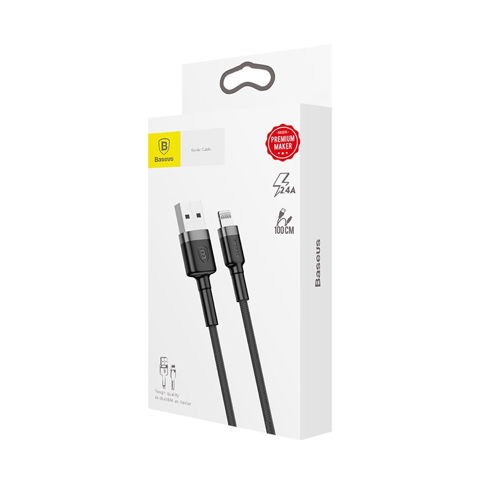 Cablu de date si incarcare USB la Lightning Baseus Cafule Series, gri, negru, 1 m, 2.4A, 480Mbps, impletitura textila