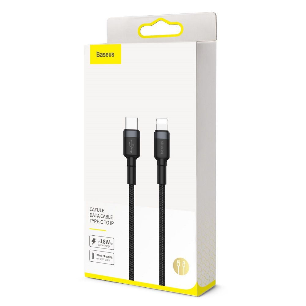 Cablu de date si incarcare Lightning la Type-C Baseus Cafule Series, gri, negru, 1 m, 18W, PD