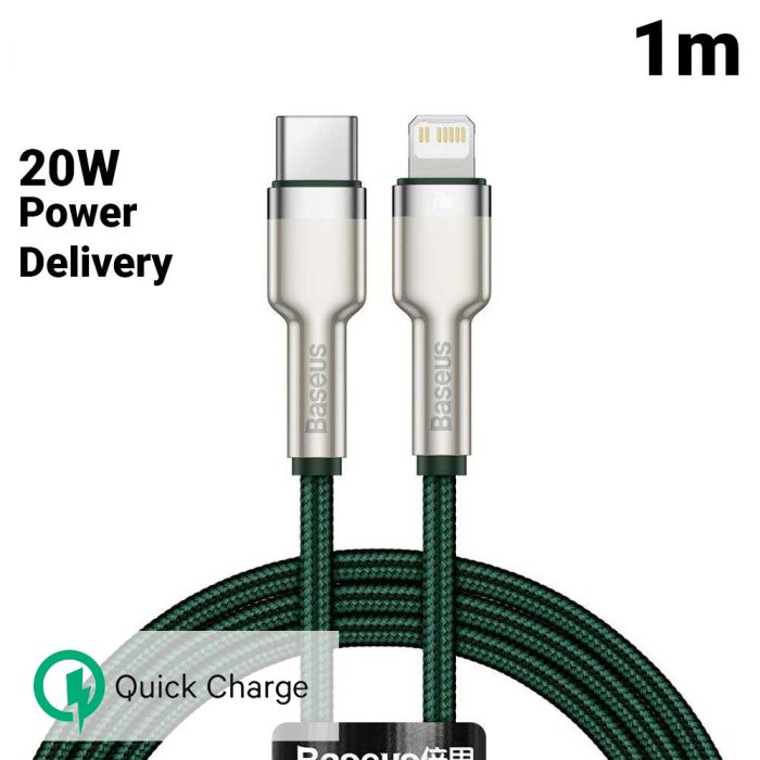 Cablu de date si incarcare Type-C la Lightning Baseus Cafule Series Metal PD 20W, verde, 1 m, impletitura nylon