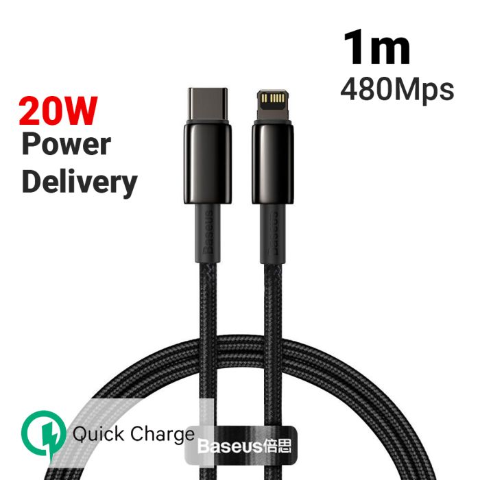 Cablu de date si incarcare Type-C la Lightning Baseus Tungsten Gold Fast Charging PD 20W, negru, 1 m, impletitura nylon