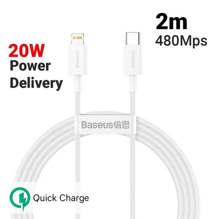 Cablu de date si incarcare Lightning la Type-C PD Baseus Superior Series, alb, 20W, 2 m