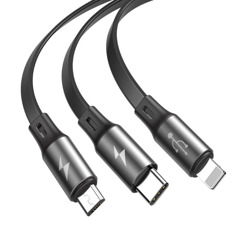 Cablu de date si incarcare MicroUSB, Lightning, USB-C Baseus Fabric, gri, 3.5A, 1.2 m