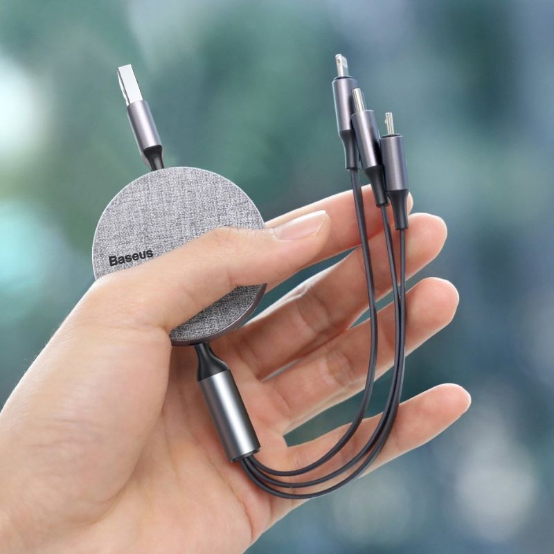 Cablu de date si incarcare MicroUSB, Lightning, USB-C Baseus Fabric, gri, 3.5A, 1.2 m