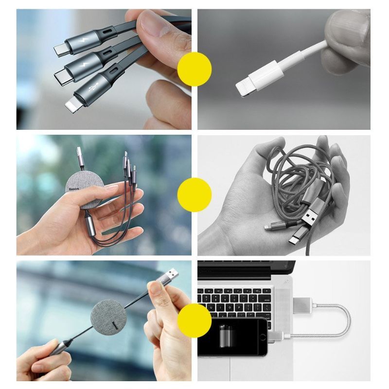Cablu de date si incarcare MicroUSB, Lightning, USB-C Baseus Fabric, gri, 3.5A, 1.2 m