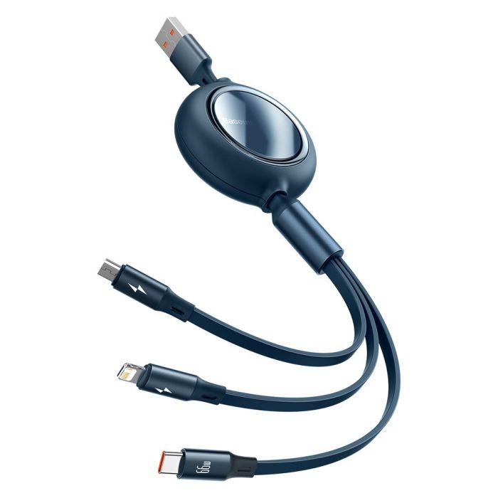 Cablu de date si incarcare USB la Lightning, MicroUSB si Type-c Baseus Bright Mirror 3 in 1 Retractabil, albastru, 66W, 1.2 m
