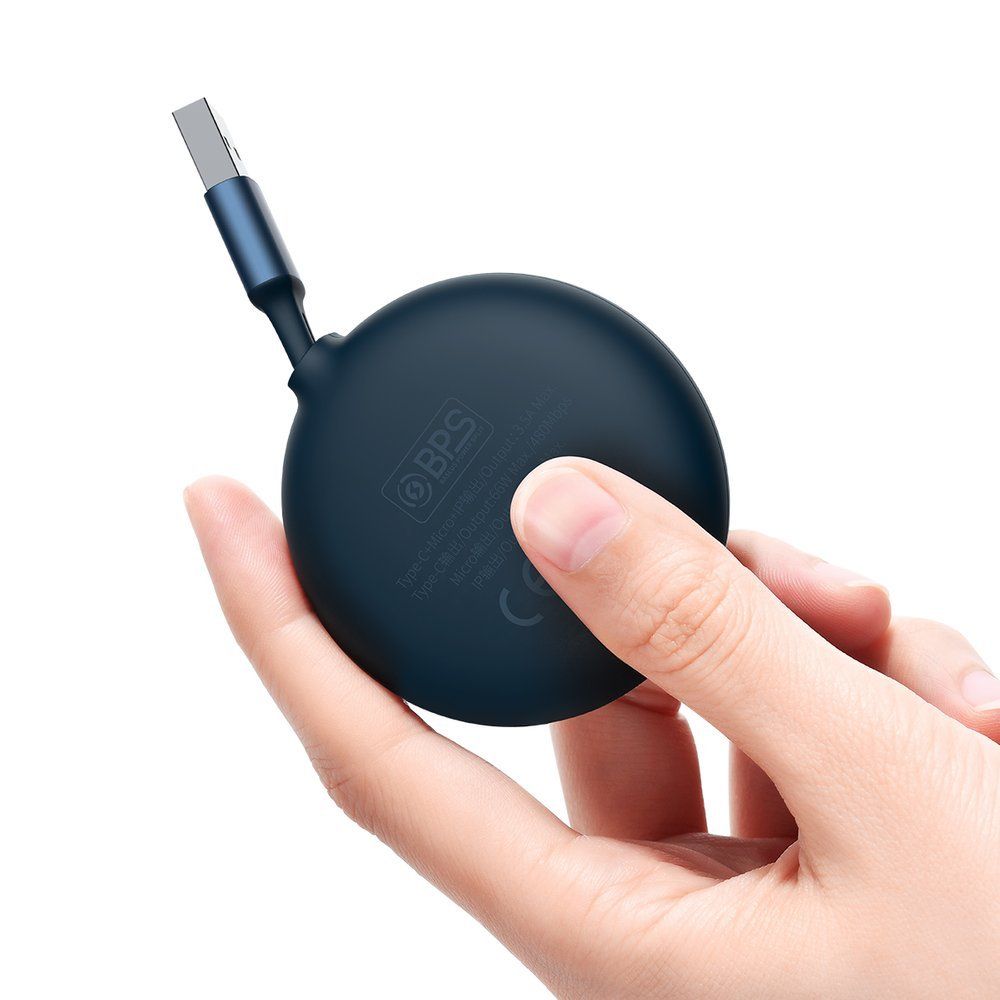 Cablu de date si incarcare USB la Lightning, MicroUSB si Type-c Baseus Bright Mirror 3 in 1 Retractabil, albastru, 66W, 1.2 m