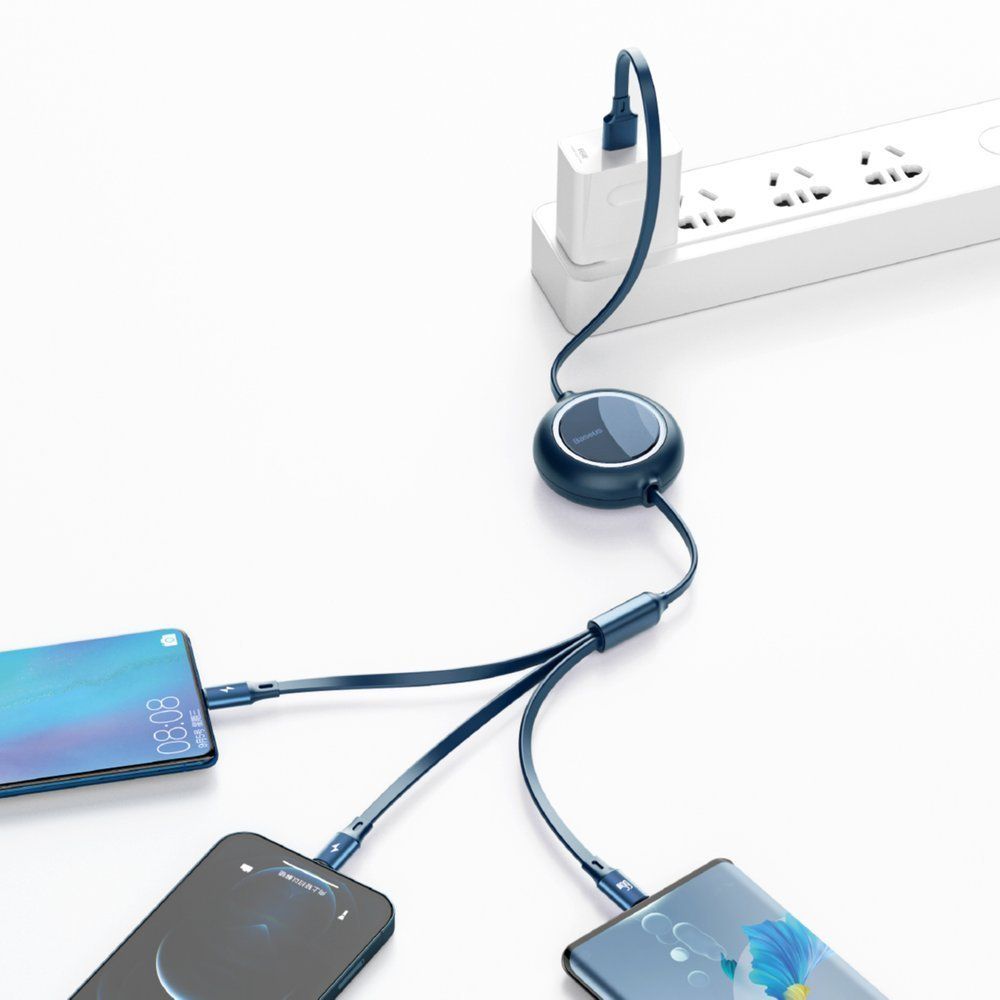 Cablu de date si incarcare USB la Lightning, MicroUSB si Type-c Baseus Bright Mirror 3 in 1 Retractabil, albastru, 66W, 1.2 m