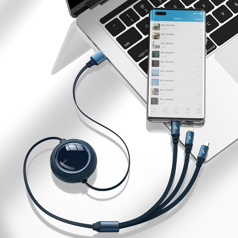 Cablu de date si incarcare USB la Lightning, MicroUSB si Type-c Baseus Bright Mirror 3 in 1 Retractabil, albastru, 66W, 1.2 m