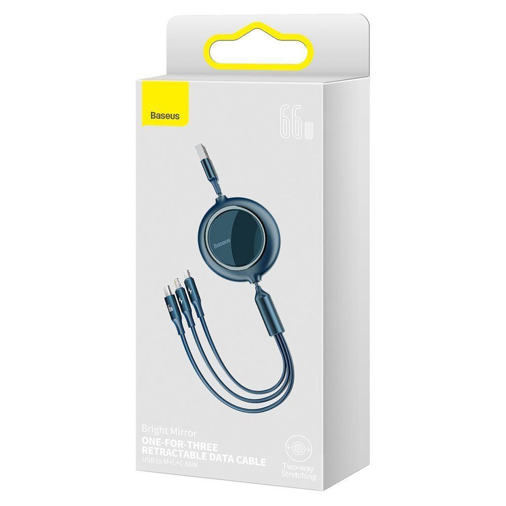 Cablu de date si incarcare USB la Lightning, MicroUSB si Type-c Baseus Bright Mirror 3 in 1 Retractabil, albastru, 66W, 1.2 m