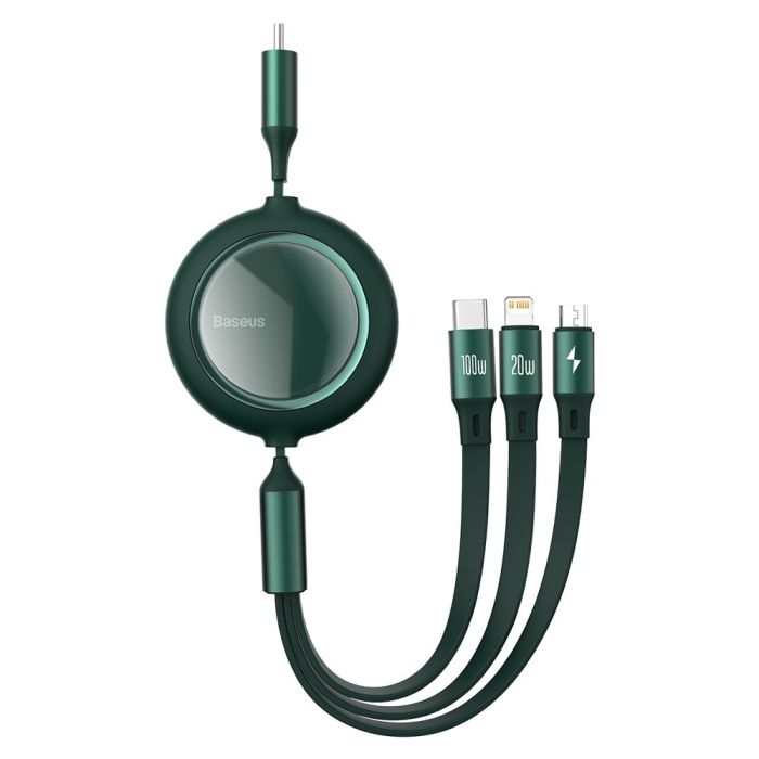 Cablu de date si incarcare Type-C la MicroUSB, Lightning, Type-C Baseus Bright Mirror 3 in 1 Retractabil, verde, 100W, 1.2 m