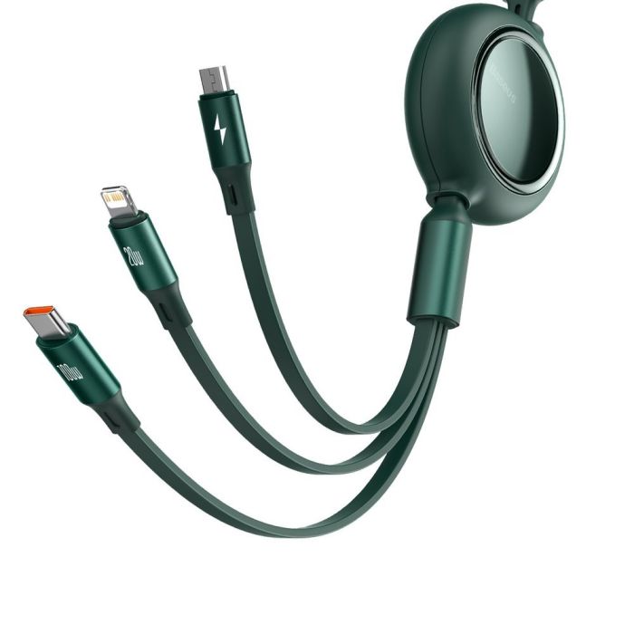 Cablu de date si incarcare Type-C la MicroUSB, Lightning, Type-C Baseus Bright Mirror 3 in 1 Retractabil, verde, 100W, 1.2 m