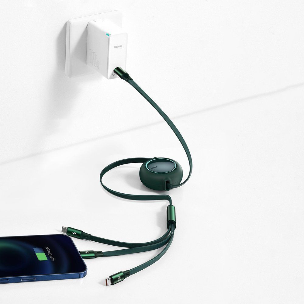 Cablu de date si incarcare Type-C la MicroUSB, Lightning, Type-C Baseus Bright Mirror 3 in 1 Retractabil, verde, 100W, 1.2 m