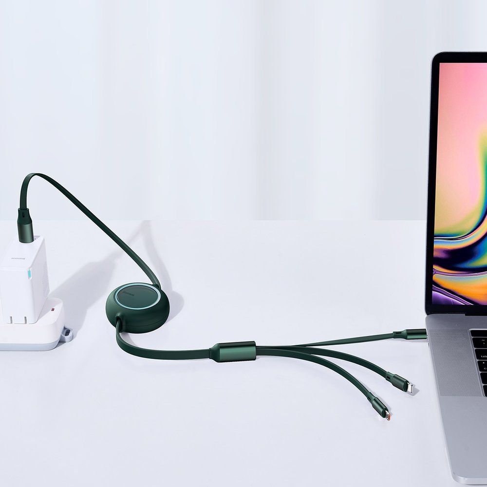 Cablu de date si incarcare Type-C la MicroUSB, Lightning, Type-C Baseus Bright Mirror 3 in 1 Retractabil, verde, 100W, 1.2 m