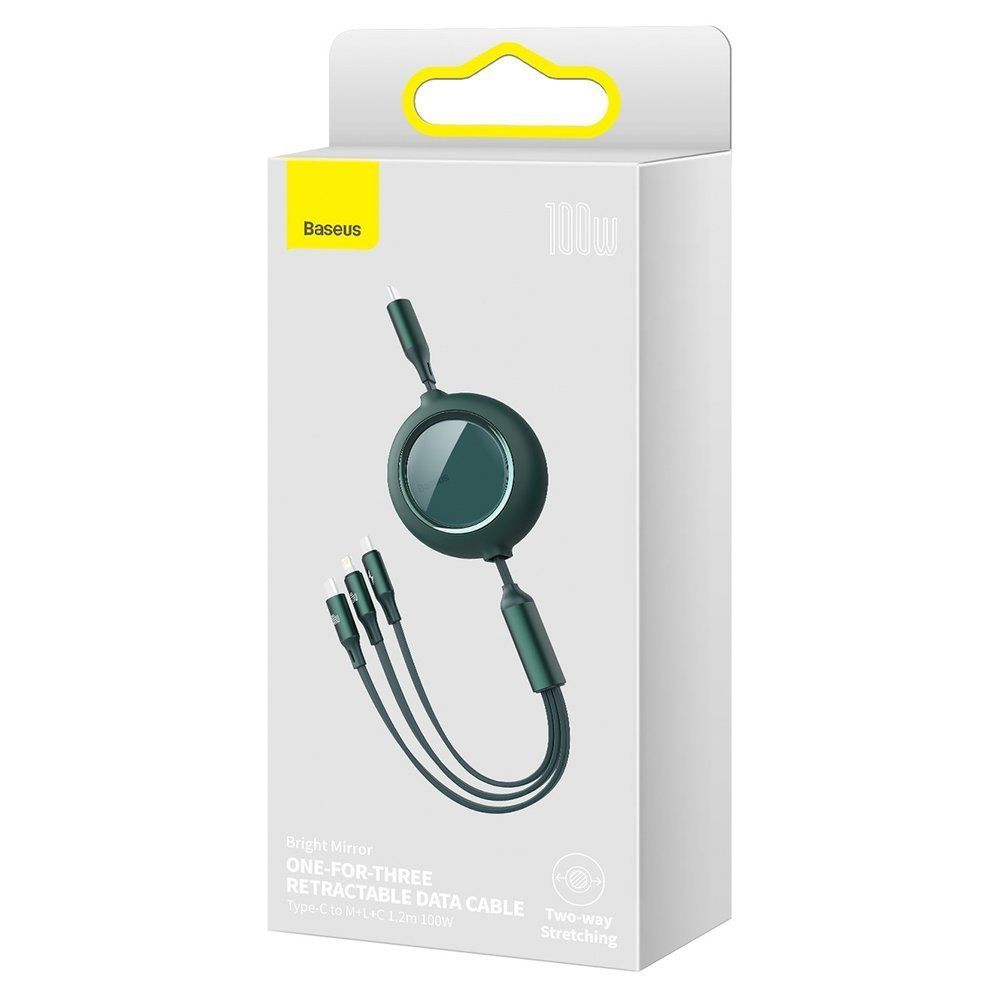 Cablu de date si incarcare Type-C la MicroUSB, Lightning, Type-C Baseus Bright Mirror 3 in 1 Retractabil, verde, 100W, 1.2 m