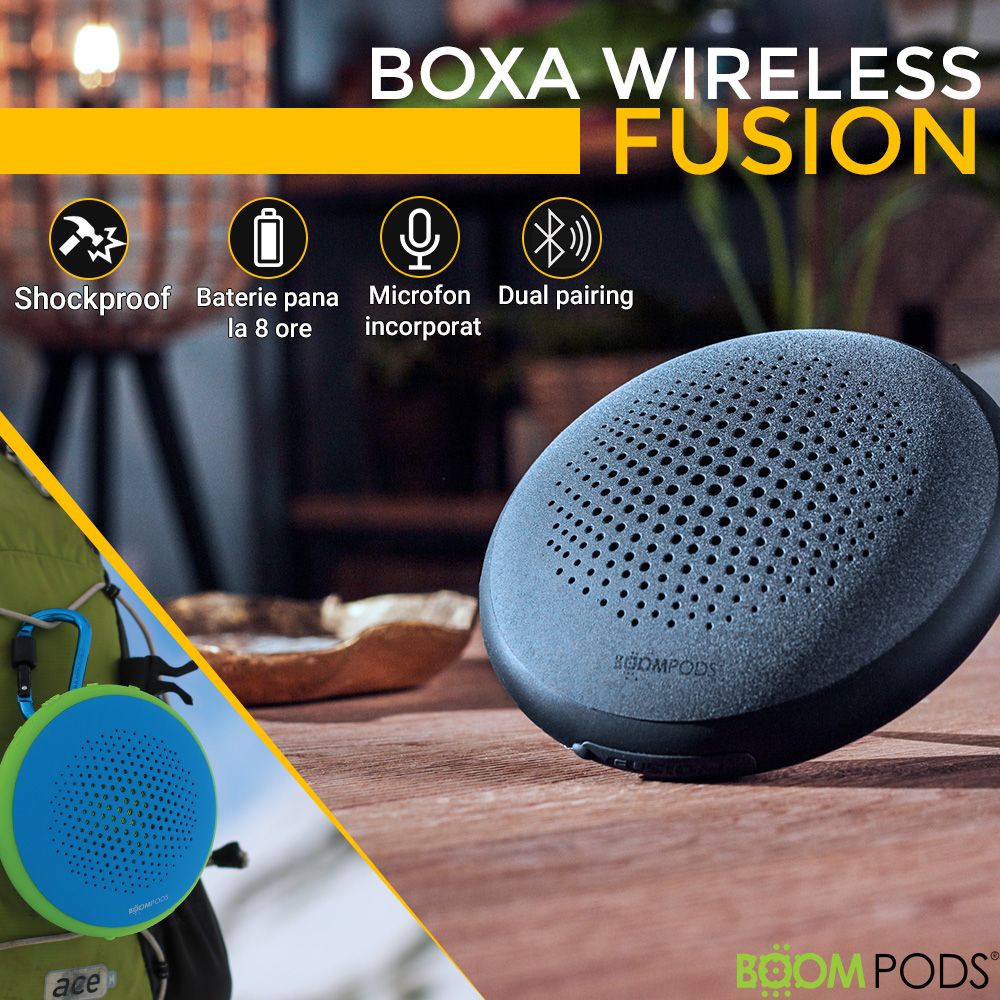 Boxa portabila Boompods Fusion gri-negru, rezistenta la apa, rezistenta la socuri, wireless, dual pairing